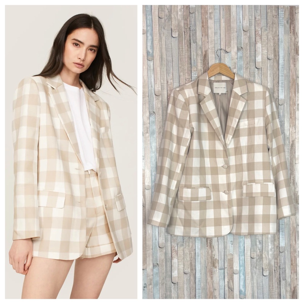 Anthropologie L English Factory Tan Gingham Plaid Check Blazer Jacket Oversized